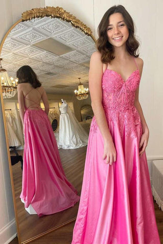 Vestido de noche de graduación con apliques florales en rosa intenso, corte A y cordones (PSK393)
