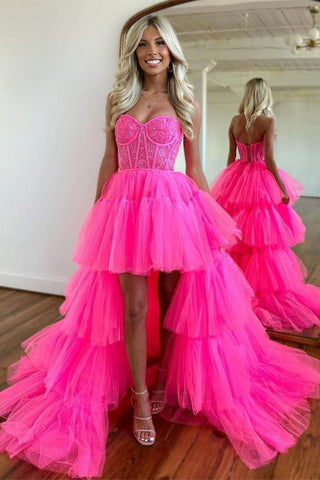 Vestido de fiesta rosa intenso con escote corazón y capas, vestido de noche PSK398