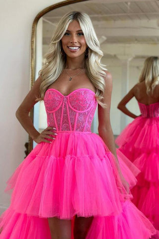 Vestido de fiesta rosa intenso con escote corazón y capas, vestido de noche PSK398