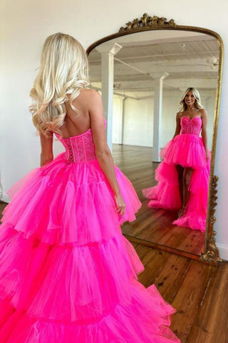 Vestido de fiesta rosa intenso con escote corazón y capas, vestido de noche PSK398