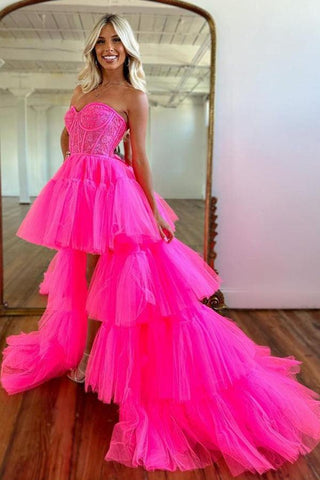 Vestido de fiesta rosa intenso con escote corazón y capas, vestido de noche PSK398