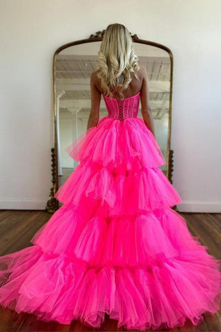 Vestido de fiesta rosa intenso con escote corazón y capas, vestido de noche PSK398