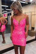 Hot Pink Lace Up Tight Glitter Homecoming Dress Short Prom Dress PD523 by pgmdress