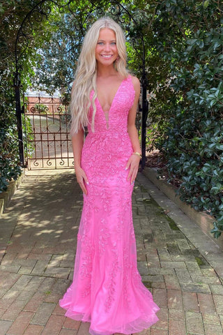 Hot Pink Meerjungfrau tiefem V-Ausschnitt Ballkleid mit Applikationen PSK457