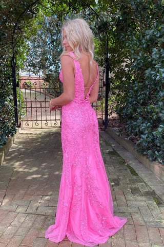 Hot Pink Meerjungfrau tiefem V-Ausschnitt Ballkleid mit Applikationen PSK457