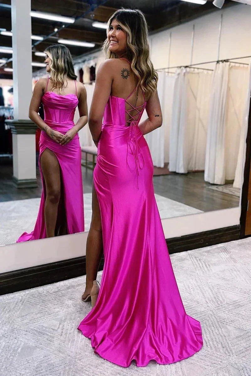 Hot Pink Mermaid Spaghetti Straps Satin Prom Dress with Slit PSK453 by pgmdress