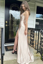 Hot Pink Mermaid Spaghetti Straps Satin Prom Dress with Slit PSK453 by pgmdress