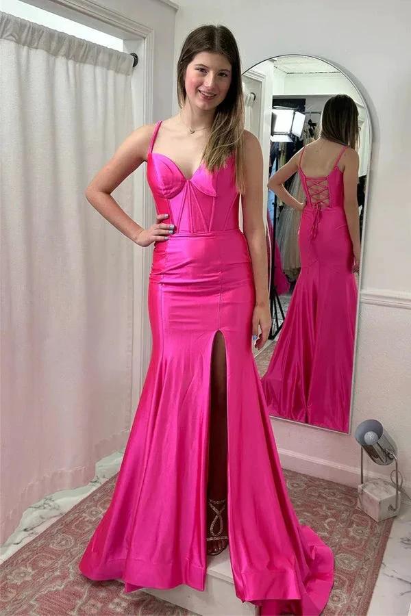 Hot Pink Mermaid Straps Satin Long Prom Dress with Slit PSK514 by pgmdress