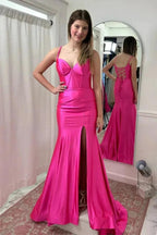 Hot Pink Mermaid Straps Satin Long Prom Dress with Slit PSK514 by pgmdress