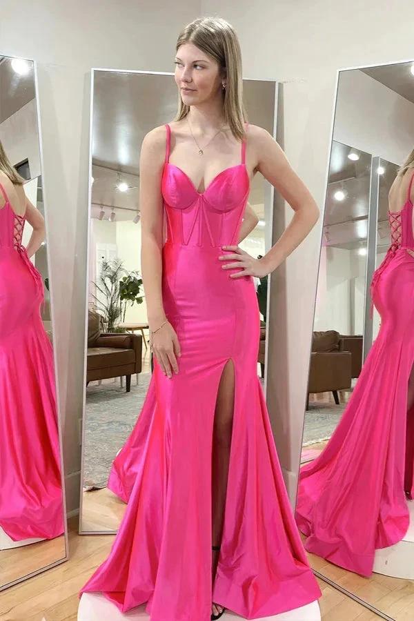 Hot Pink Mermaid Straps Satin Long Prom Dress with Slit PSK514 by pgmdress