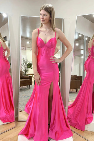 Vestido de fiesta largo de satén con tirantes de sirena en rosa intenso y abertura PSK514