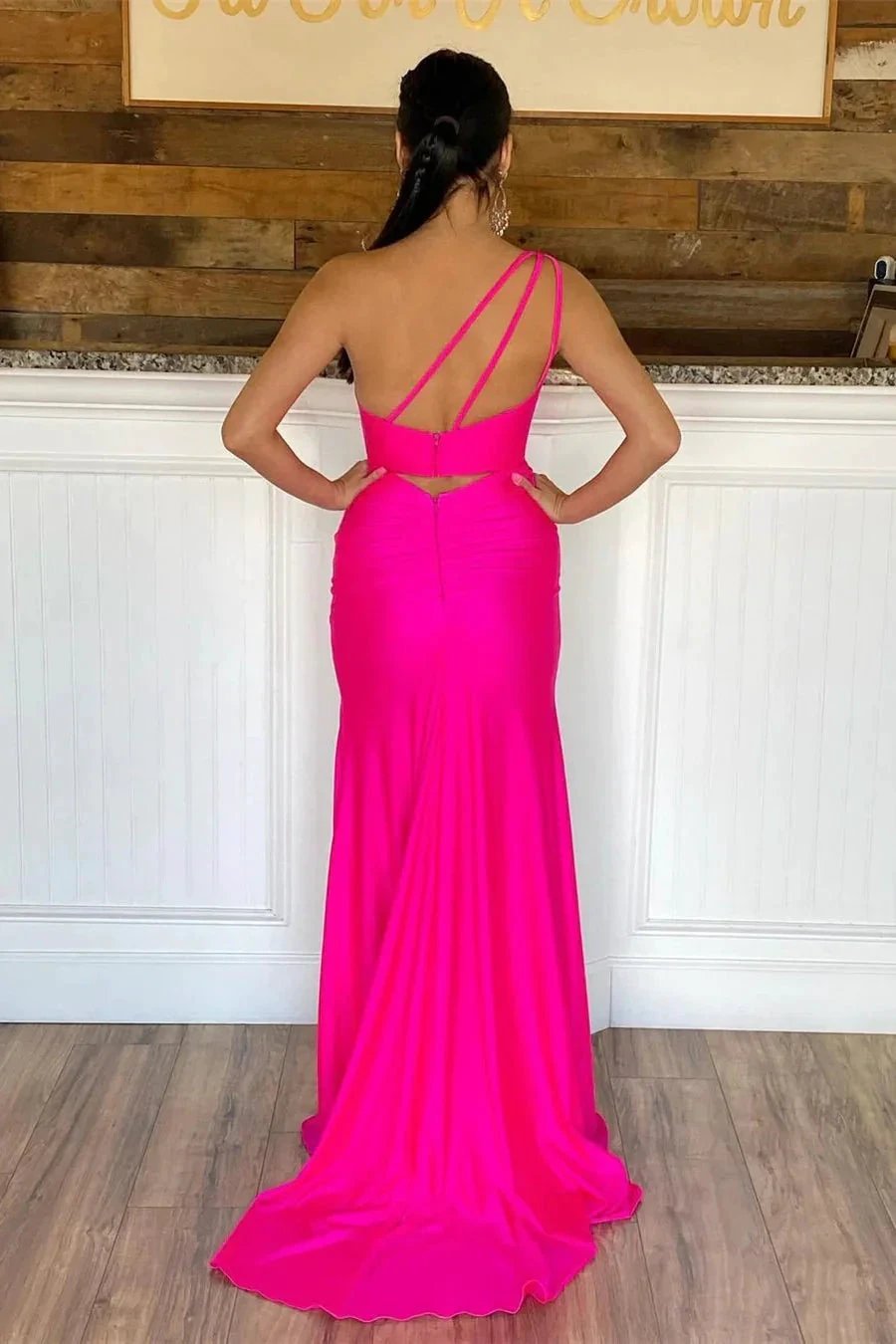 Hot Pink One Shoulder Prom Dress With Slit SYP105 by vivymakudress
