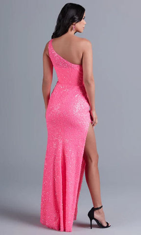 Vestido de fiesta rosa intenso con lentejuelas y un solo hombro SYP80