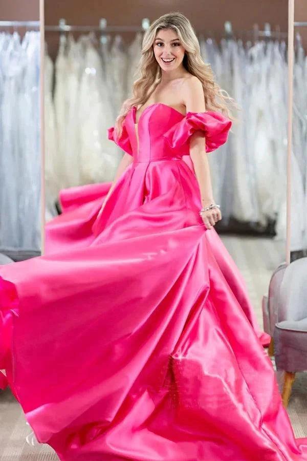 Hot Pink Puff Sleeves Off The Shoulder Simple Prom Evening Dresses PSK407 by pgmdress