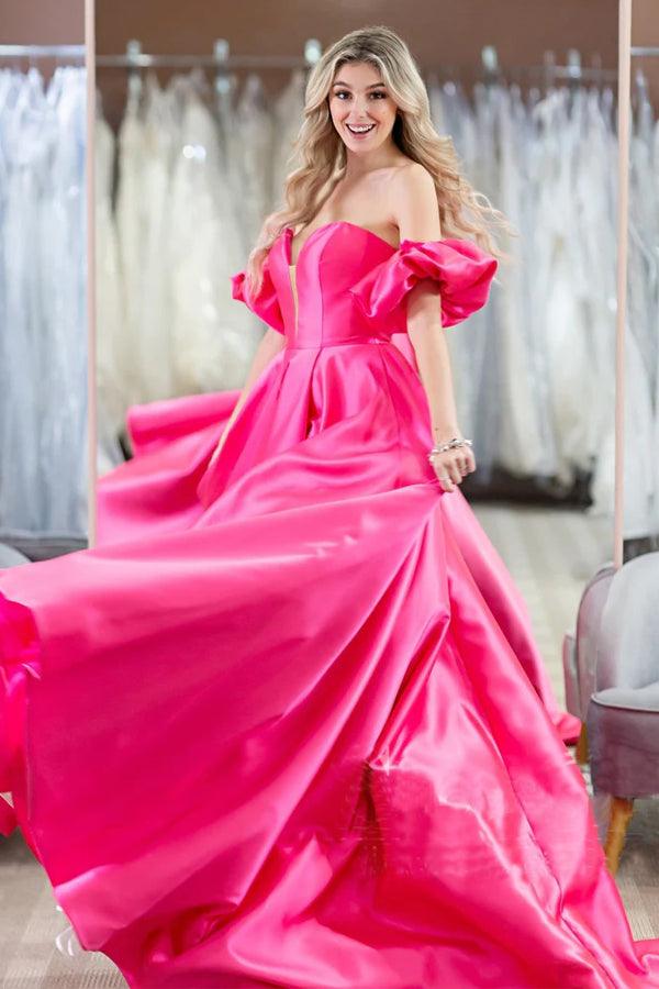 Hot Pink Puff Sleeves Off The Shoulder Simple Prom Evening Dresses  PSK407 Hover Image