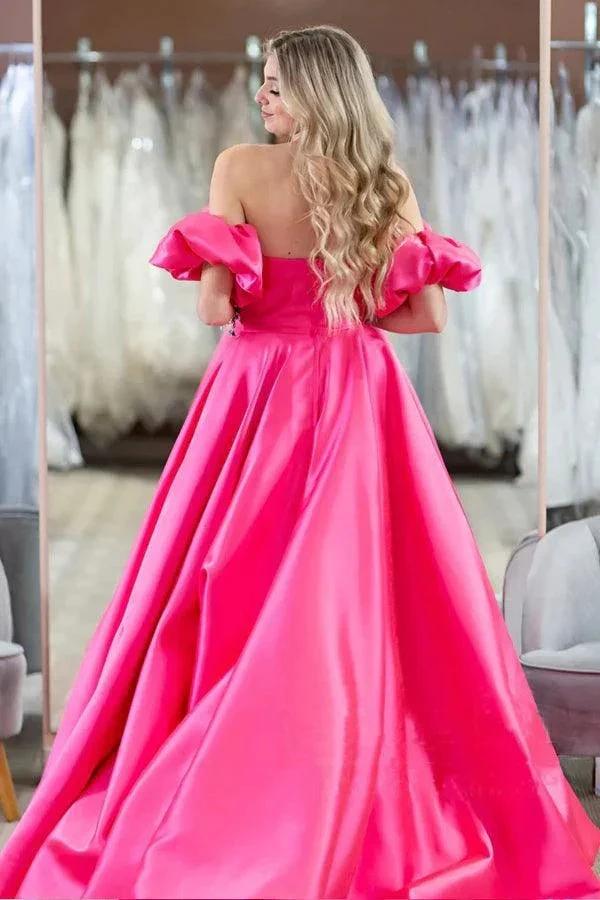 Hot Pink Puff Sleeves Off The Shoulder Simple Prom Evening Dresses PSK407 by pgmdress