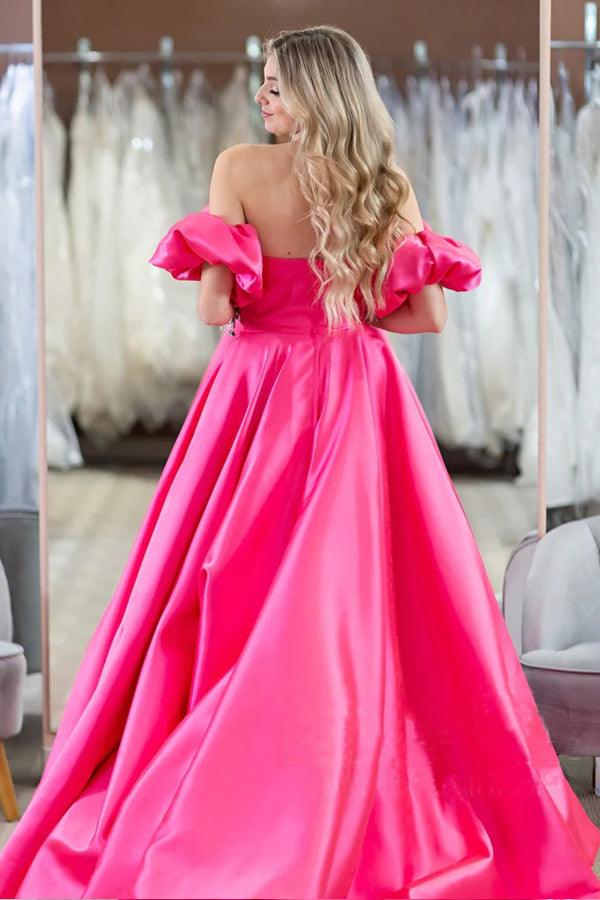 Hot Pink Puff Sleeves Off The Shoulder Simple Prom Evening Dresses  PSK407 Main Image