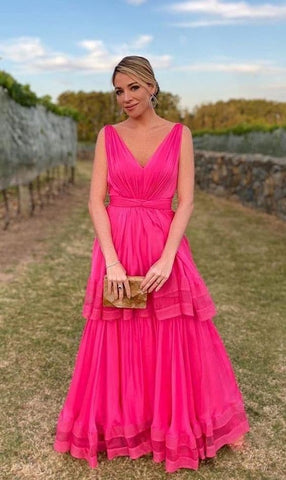 Vestidos de fiesta rosa intenso de gasa de dos capas para noche SYP35