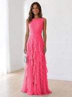 Sleeveless Tiered Chiffon Maxi Evening Gown with Ruched Bodice