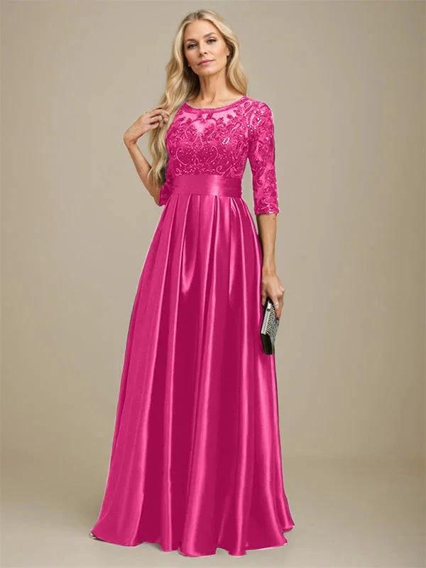 A-line Scoop Illusion Floor-Length Stretch Satin Lace Mother of the Bride Dress With Bow Sequins by Dreamylily