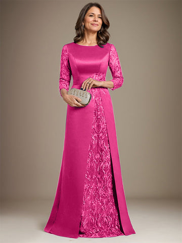 A-Linie U-Ausschnitt Bodenlang Spitze Satin Kleid für die Brautmutter mit Applikation 