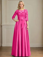 A-line Scoop Illusion Floor-Length Satin Lace Mother of the Bride Dress With Sequins Bow by Dreamylily
