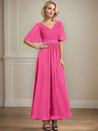 A-line V-Neck Ankle-Length Chiffon Mother of the Bride Dress With Pleated Beading Sequins by Dreamylily