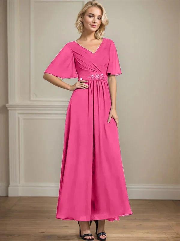 A-line V-Neck Ankle-Length Chiffon Mother of the Bride Dress With Pleated Beading Sequins by Dreamylily