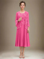 A-line Scoop Tea-Length Lace Chiffon Mother of the Bride Dress With Sequins by Dreamylily
