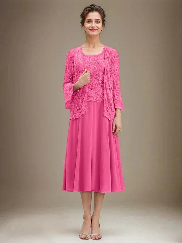 A-line Scoop Tea-Length Lace Chiffon Mother of the Bride Dress With Sequins by Dreamylily