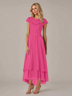 A-line Boat Neck Illusion Asymmetrical Chiffon Lace Mother of the Bride Dress With Applique Pleats by Dreamylily
