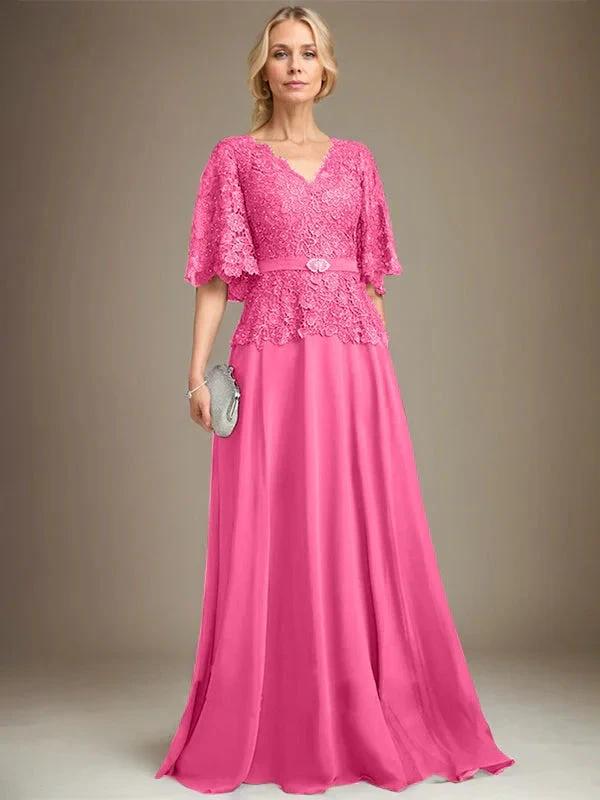 A-line V-Neck Floor-Length Chiffon Lace Mother of the Bride Dress With Crystal Brooch Rhinestone by Dreamylily