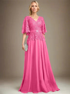 A-line V-Neck Floor-Length Chiffon Lace Mother of the Bride Dress With Crystal Brooch Rhinestone by Dreamylily