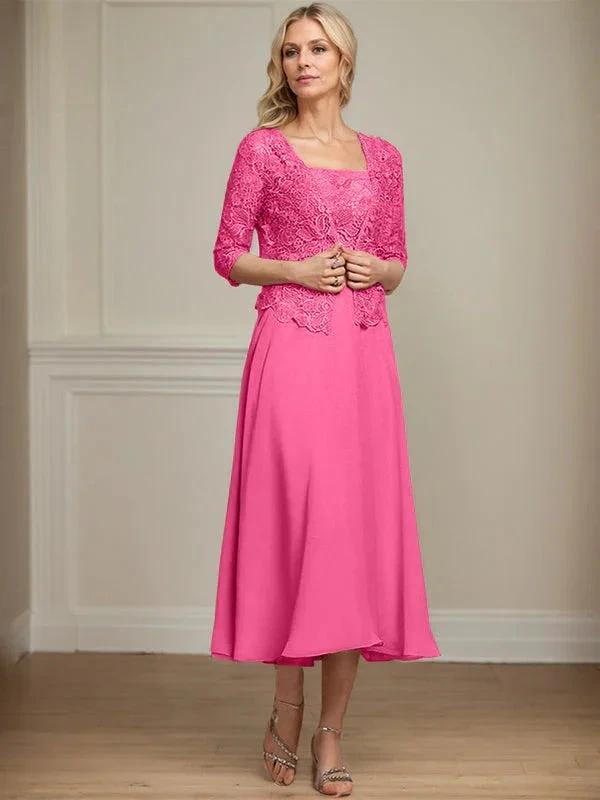 A-line Square Tea-Length Chiffon Lace Mother of the Bride Dress With Sequins Beading by Dreamylily