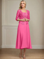 A-line Square Tea-Length Chiffon Lace Mother of the Bride Dress With Sequins Beading by Dreamylily