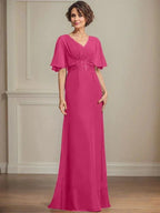 A-line V-Neck Floor-Length Chiffon Mother of the Bride Dress With Pleated Sequins Appliques Lace by Dreamylily
