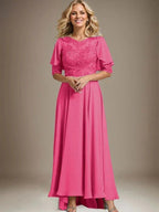 A-line Scoop Illusion Asymmetrical Chiffon Lace Mother of the Bride Dress With Beading by Dreamylily