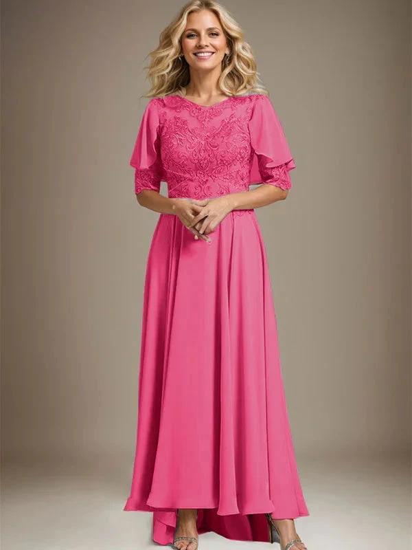 A-line Scoop Illusion Asymmetrical Chiffon Lace Mother of the Bride Dress With Beading by Dreamylily
