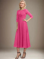 A-line Scoop Tea-Length Lace Chiffon Mother of the Bride Dress With Sequins by Dreamylily
