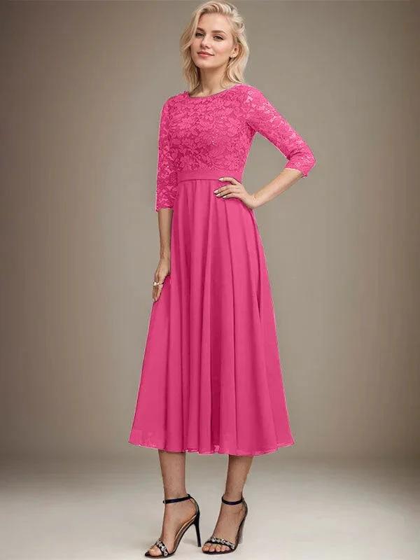 A-line Scoop Tea-Length Lace Chiffon Mother of the Bride Dress With Sequins by Dreamylily