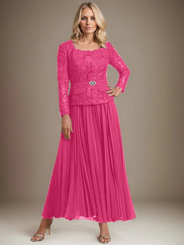 Vestido de gasa para madre de la novia con corte A, cuadrado, largo hasta los tobillos, con pliegues 