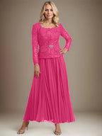 Vestido de gasa para madre de la novia con corte A, cuadrado, largo hasta los tobillos, con pliegues 