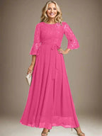 A-line Scoop Ankle-Length Lace Chiffon Mother of the Bride Dress With Bow by Dreamylily