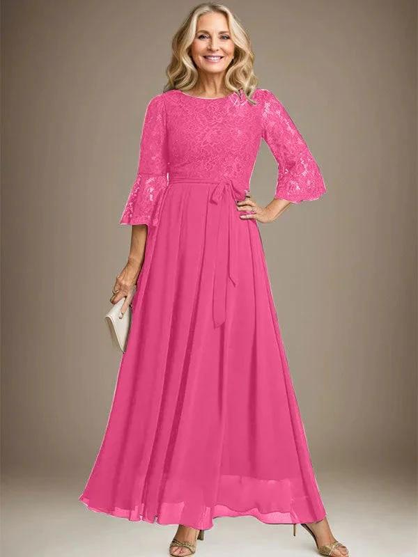 A-line Scoop Ankle-Length Lace Chiffon Mother of the Bride Dress With Bow by Dreamylily
