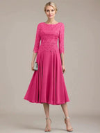 A-line Scoop Tea-Length Lace Chiffon Mother of the Bride Dress by Dreamylily