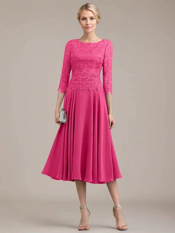 A-line Scoop Tea-Length Lace Chiffon Mother of the Bride Dress by Dreamylily