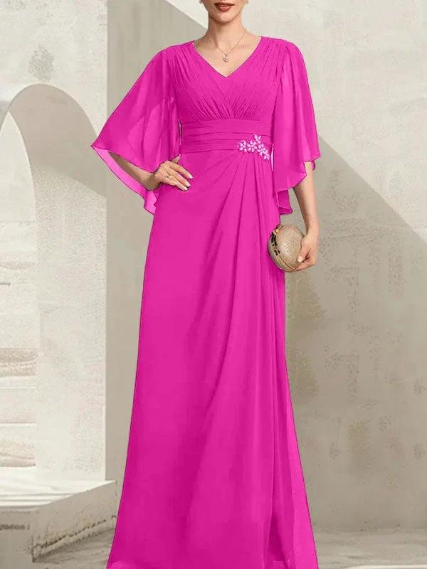 Sheath/Column V-Neck Floor-Length Chiffon Mother of the Bride Dress With Pleated Sequins Beading by Dreamylily