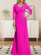 Sheath/Column V-Neck Illusion Floor-Length Lace Chiffon Mother of the Bride Dress With Pleated Sequins by Dreamylily