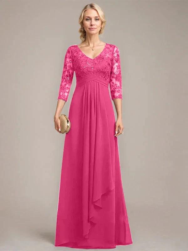 A-line V-Neck Floor-Length Lace Chiffon Mother of the Bride Dress With Cascading Ruffles Sequins by Dreamylily