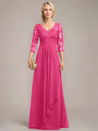 A-line V-Neck Floor-Length Lace Chiffon Mother of the Bride Dress With Cascading Ruffles Sequins by Dreamylily